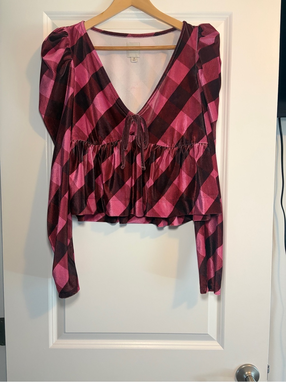 Anthropologie Maeve | Pink Plaid Striped Puff Sleeve V-Neck Blouse - Picture 2 of 8